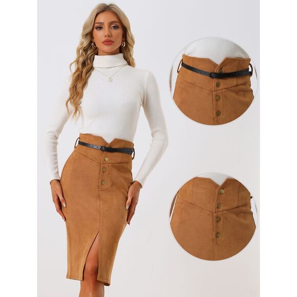 Faux Suede Skirt High Rise Button Front A-line Slit Skirt Brown - Picture 2 of 6